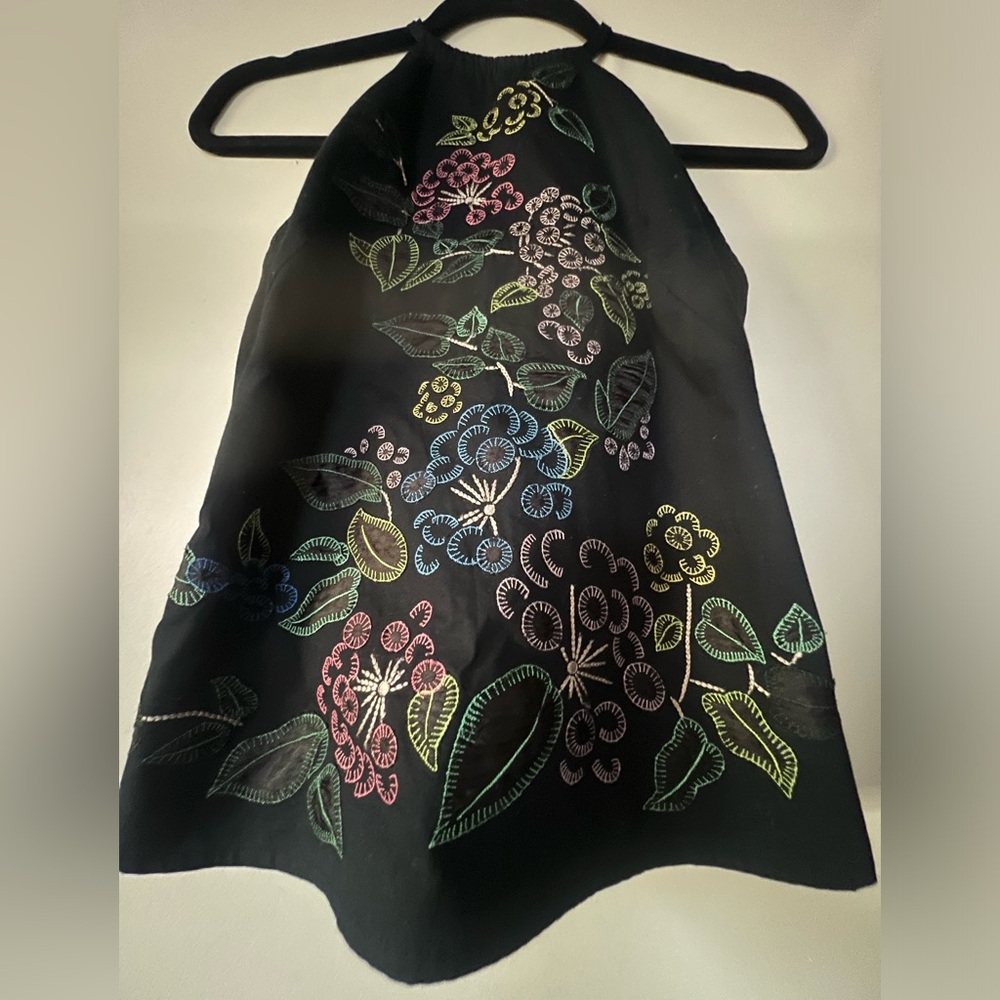 French Connection Black Top with Multicolor Embroidered Accents